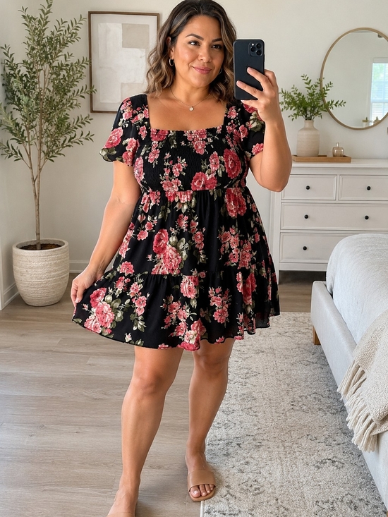 Dresses & Skirts - Black Floral Smocked Mini Dress Fits Size 14/16 Lightweight & Flowy New